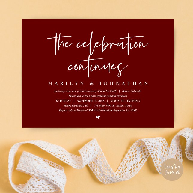 Invitation Elopement Mariage moderne la célébration continue (Wedding Elopement, Modern celebration continues Invitation Card, PDF, in Burgundy Red)