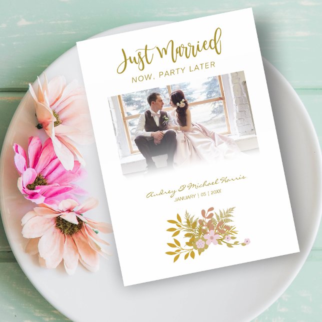 Invitation Elopement Photo Wedding Elegant Floral Fake Golden (Créateur téléchargé)