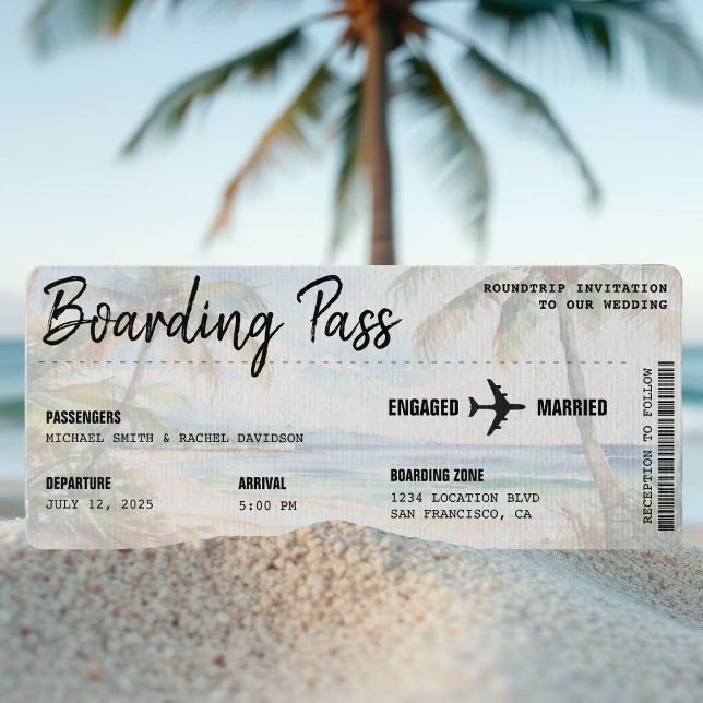 Invitation Embarquement Pass Plage Palm Tree Destination Mari (BOARDING PASS WEDDING INVITATION)
