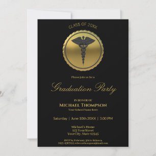 Invitation Emblème de caducée médical en or 3D pour la remise