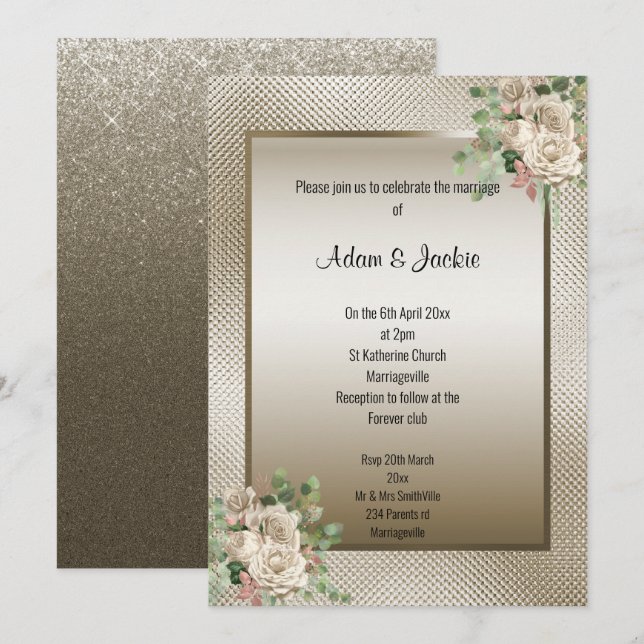 INVITATION EMBOSS METALLIC BRONZE EUCALYPTUS MARIAGE FLORAL (Devant / Derrière)