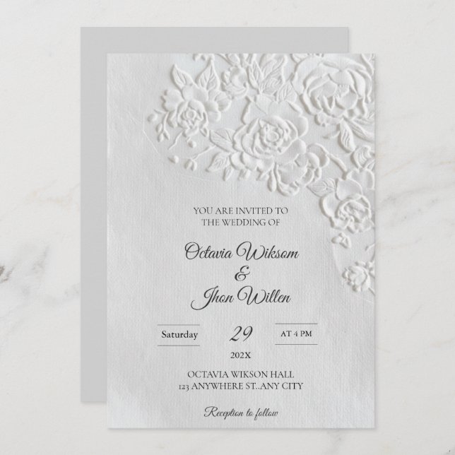 Invitation Embossed Roses Deckled Edge Sage Wedding (Devant / Derrière)