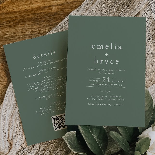 Invitation EMELIA QR Code Vert Rustique Simple Mariage modern (EMELIA QR Code Green Rustic Simple Modern Wedding Invitation)