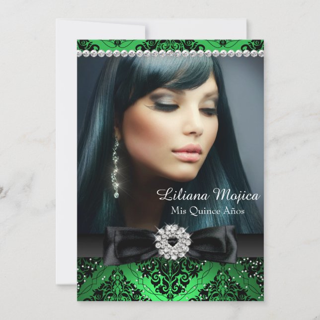 Invitation Emerald Black Diamond Bow & Damask Quinceanera (Devant)