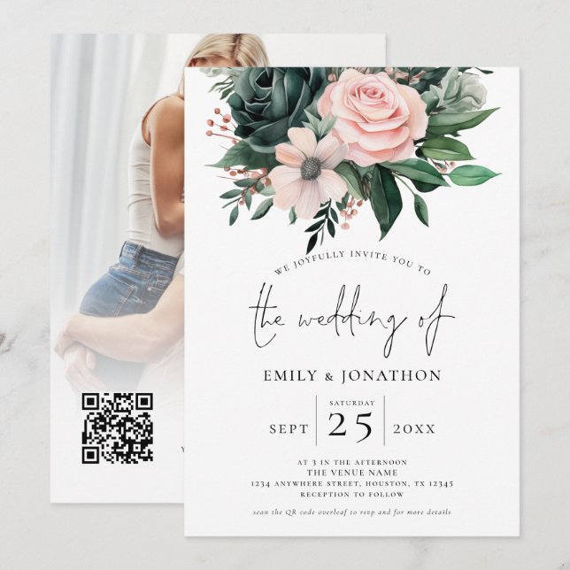 Invitation Emerald Blush Floral Photo Overlay QR Code Mariage (Devant / Derrière)