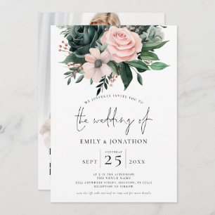 Invitation Emerald Blush Floral Photo Overlay QR Code Mariage
