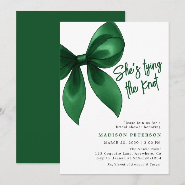 Invitation Emerald Bow She's Tying the Knot Bridal Shower (Devant / Derrière)