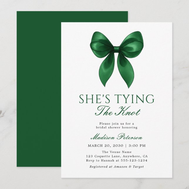 Invitation Emerald Bow She's Tying the Knot Bridal Shower (Devant / Derrière)