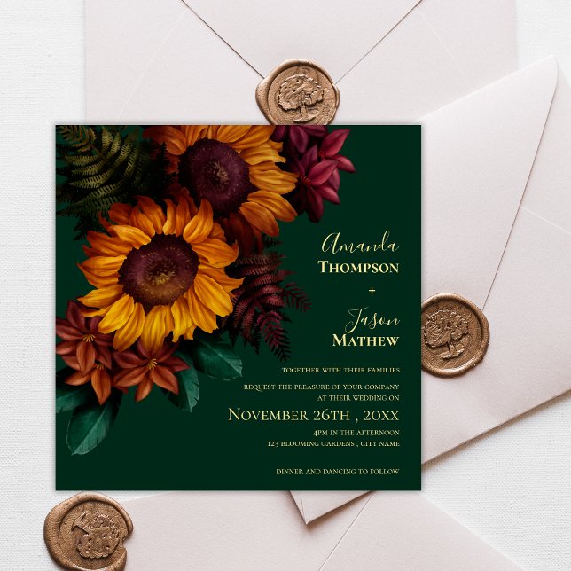 Invitation Emerald & Burange Tournesol Mariage Floral (Emerald & Burnt Orange Sunflower Floral Wedding Invitation)
