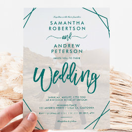 Invitation Emerald cadre vert simple script photo mariage