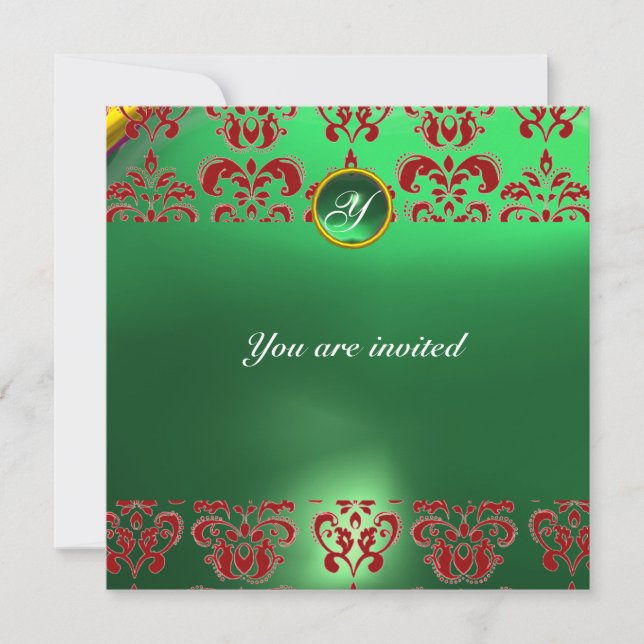 Invitation EMERALD DAMASK GEM PIERRE MONOGRAMME vert rouge (Devant)