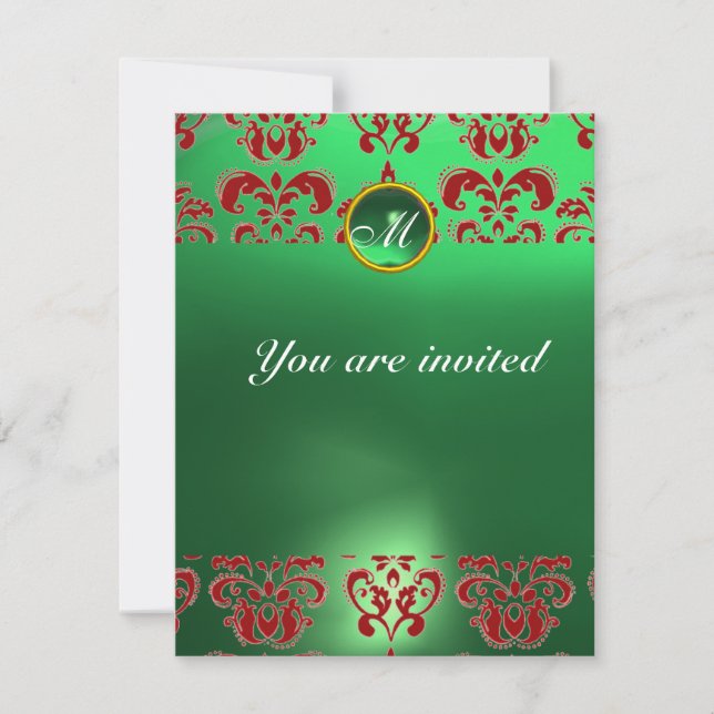 Invitation EMERALD DAMASK GEM PIERRE MONOGRAMME vert rouge (Devant)