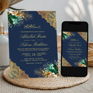 Invitation Emerald Floral or dentelle marine bleu Mariage mus