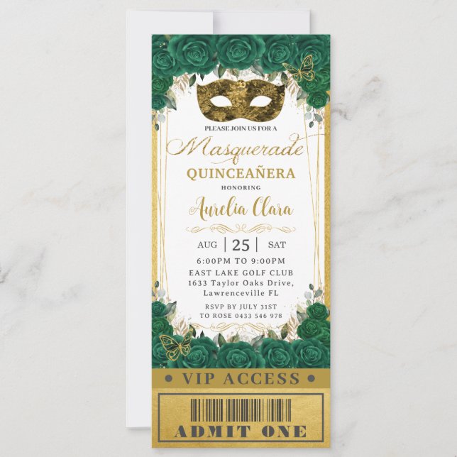 Invitation Emerald Floral Quinceañera Masquerade VIP Ticket (Devant)