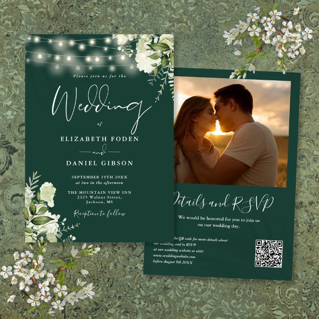 Invitation Emerald Floral String Lights QR Code Mariage photo (Emerald Floral String Lights QR Code Photo Wedding Invitation)