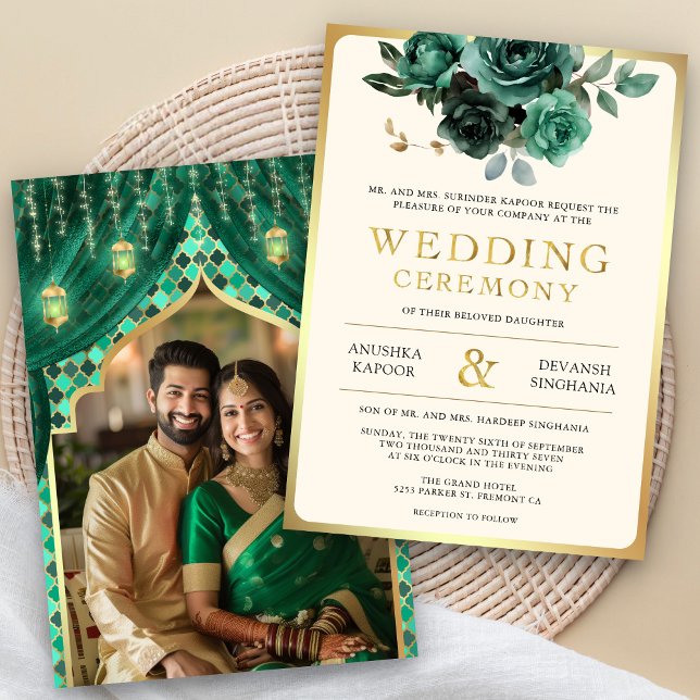 Invitation Emerald Gold Floral Indian Hindu Photo Mariage (Créateur téléchargé)