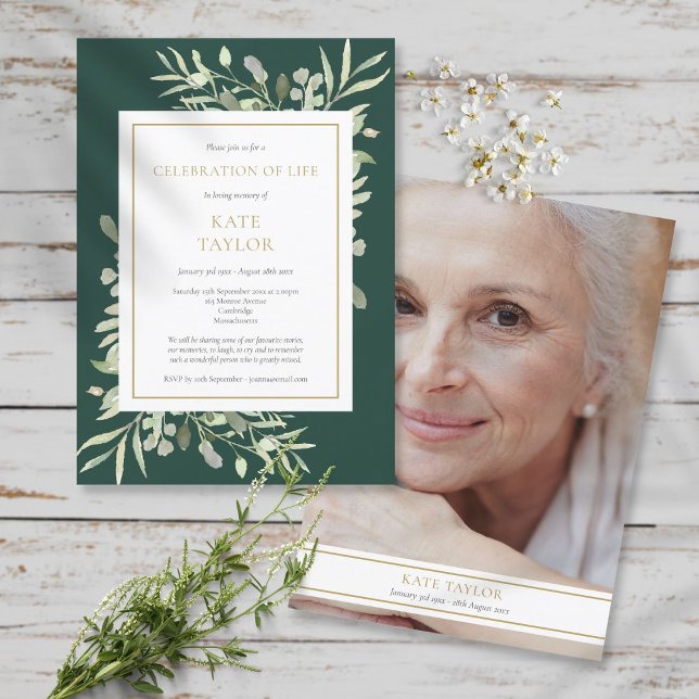 Invitation Emerald Gold Greenery Photo Celebration of Life (Créateur téléchargé)