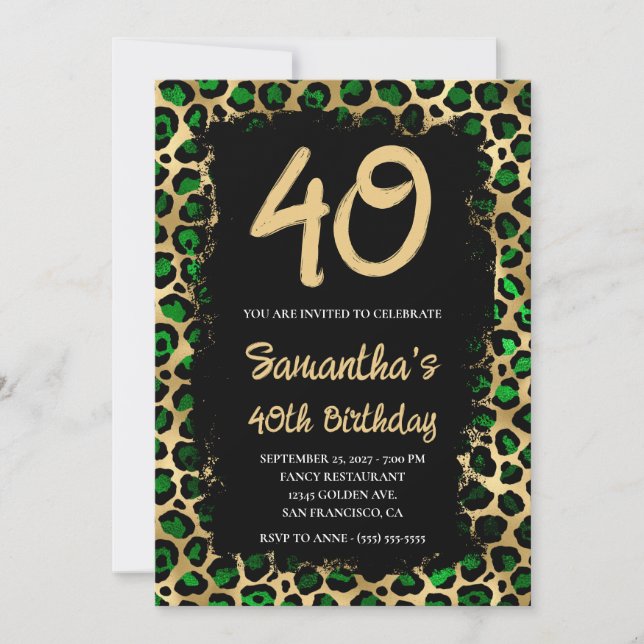 Invitation Emerald Gold Leopard peint noir 40e anniversaire (Devant)