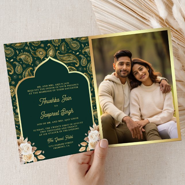 Invitation Emerald Gold Paisley Floral QR Code Mariage indien (Inside)