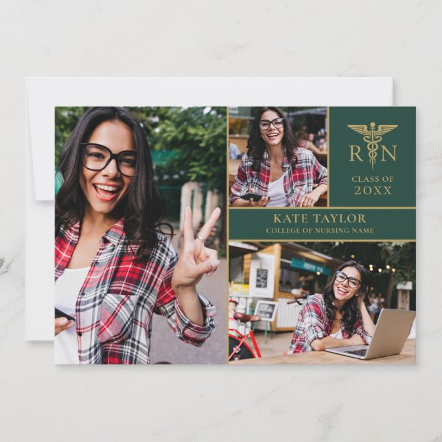 Invitation Emerald Gold RN Nursing 3 Photo Graduation Party (Devant)