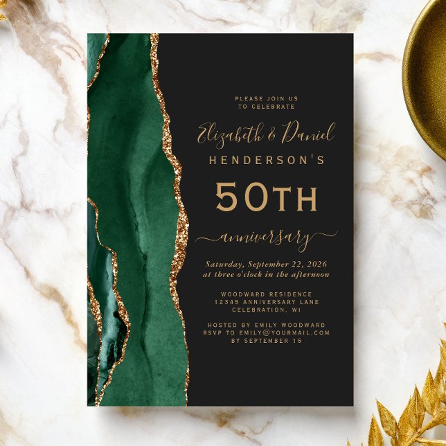 Invitation Emerald Green Agate Black Gold 50th Anniversary (Créateur téléchargé)