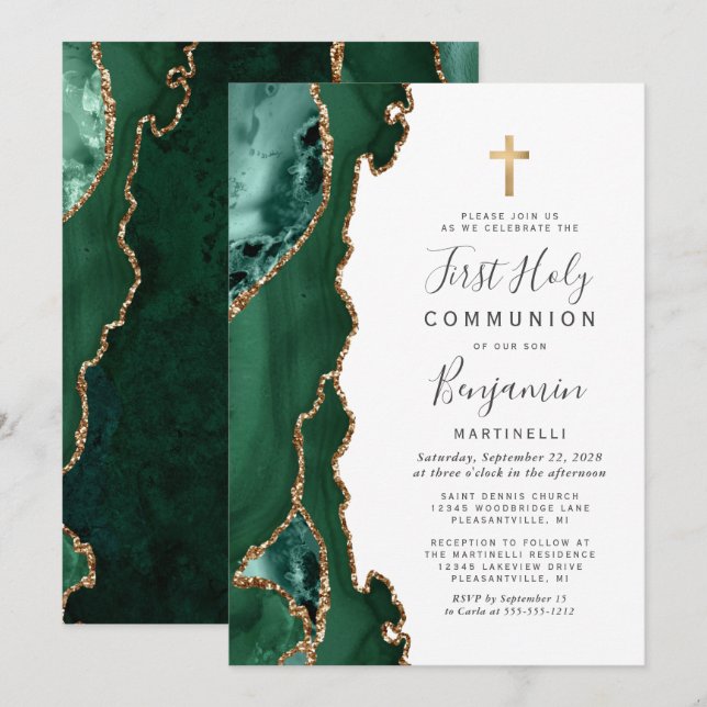 Invitation Emerald Green Agate Or Première Communion sainte (Devant / Derrière)