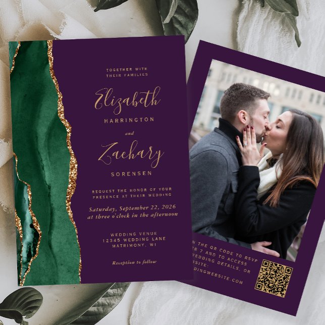 Invitation Emerald Green Agate violet photo QR Code Mariage (Créateur téléchargé)