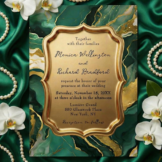 Invitation Emerald Green and Gold Agate Marble Luxury Wedding (Créateur téléchargé)