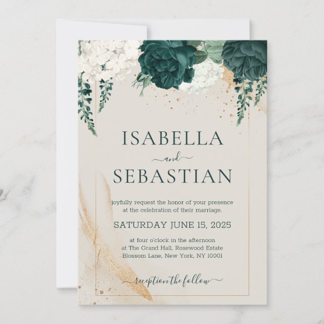 Invitation Emerald Green and Ivory Rose Floral BUDGET (Devant)