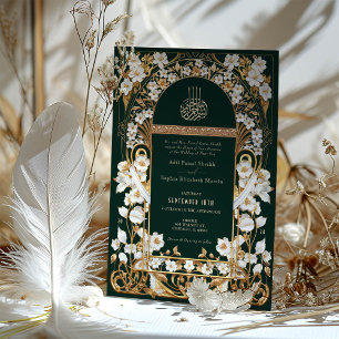 Invitation Emerald Green Antique Gold Floral Mariage islamiqu