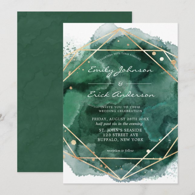 Invitation Emerald Green Aquarelle or Mariage géométrique (Devant / Derrière)