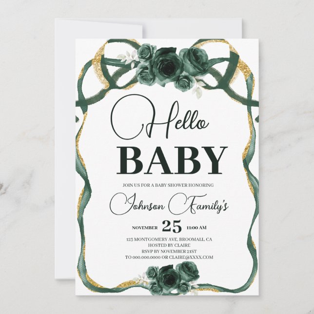 Invitation Emerald Green Baby fille Douche, fleurs (Devant)