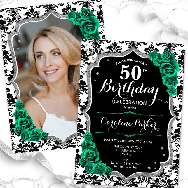 Invitation Emerald Green Black Damask Photo 50th Birthday (Créateur téléchargé)