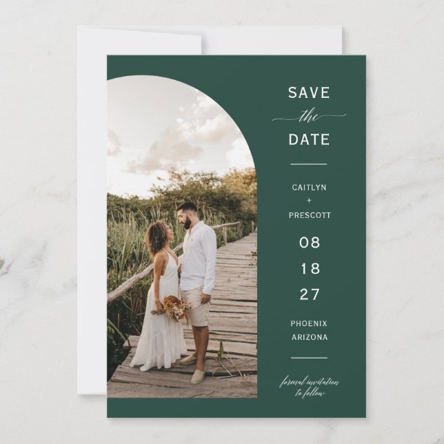 Invitation Emerald Green Boho Arc Photo QR Code Enregistrer l (Devant)