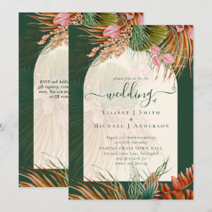 Invitation Emerald Green Boho Tropical Pampas Grass Mariage