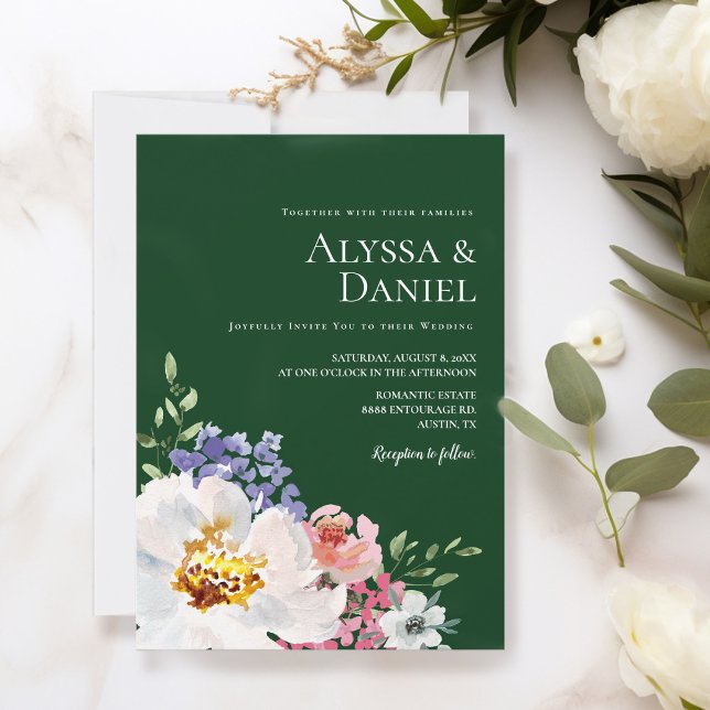 Invitation Emerald Green Bold Floral Aquarelle Mariage (trendy emerald green, vibrant, bold floral blooms wedding invitation template.)