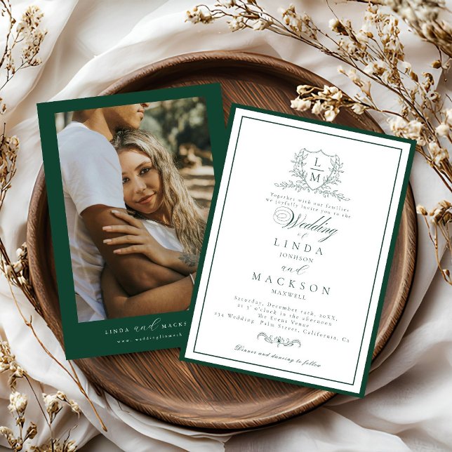 Invitation Emerald Green botanical crest monogram wedding (Créateur téléchargé)