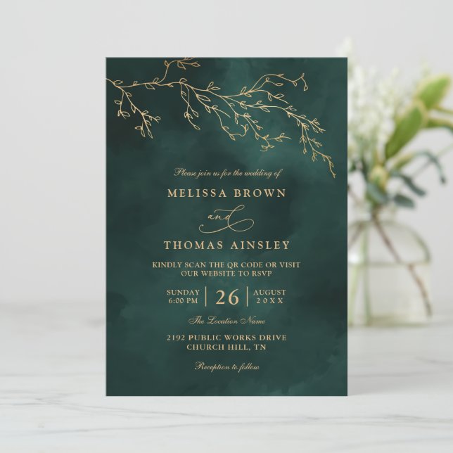 Invitation Emerald Green Botanical Elegant QR Code Wedding (Debout devant)