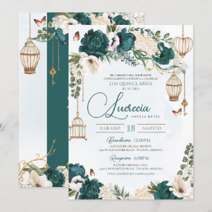Invitation Emerald Green Butterfly Floral Elegant Quinceañera