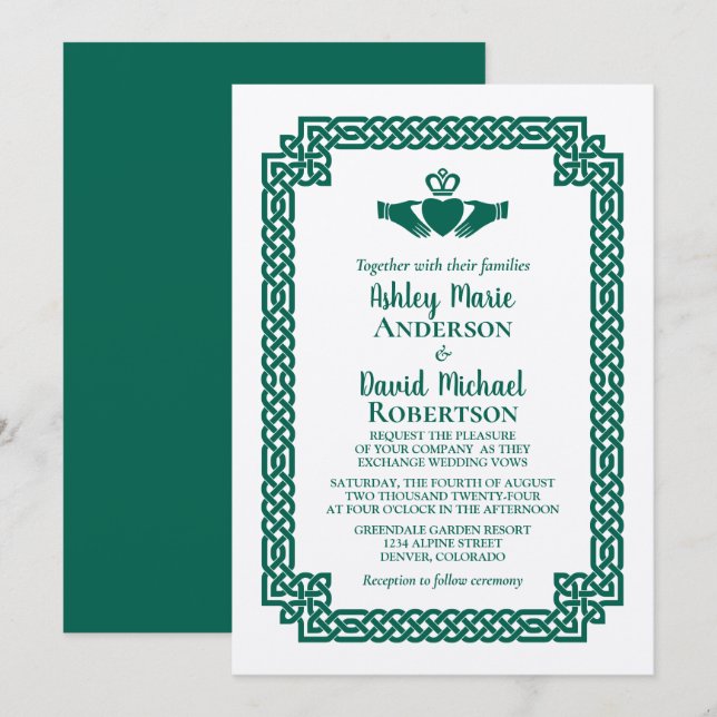 Invitation Emerald Green Celtic Knot Claddagh Mariage (Devant / Derrière)
