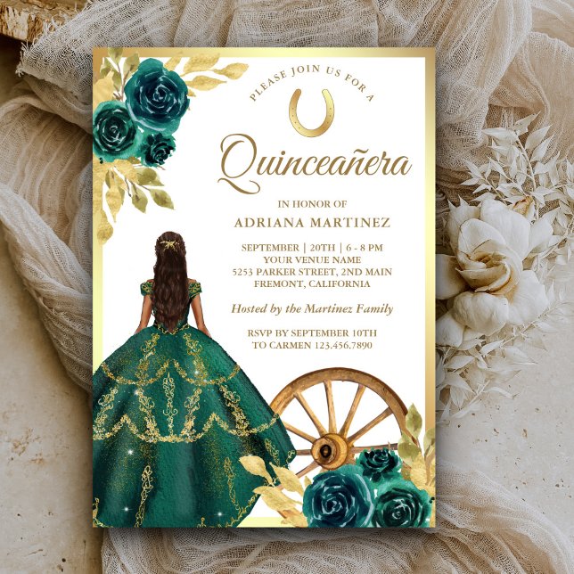 Invitation Emerald Green Charro Robe Florale Or Quinceanera (Créateur téléchargé)