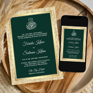 Invitation Emerald Green Cream Damask Mariage musulman islami