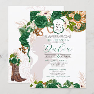 Invitation Emerald Green Crest Rose Charro Quinceañera