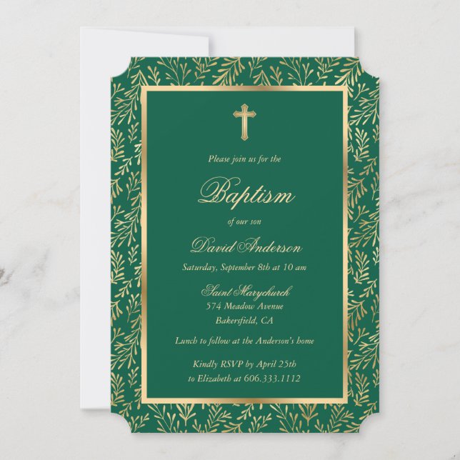 Invitation Emerald Green Cross Script Verdure Baptême (Devant)