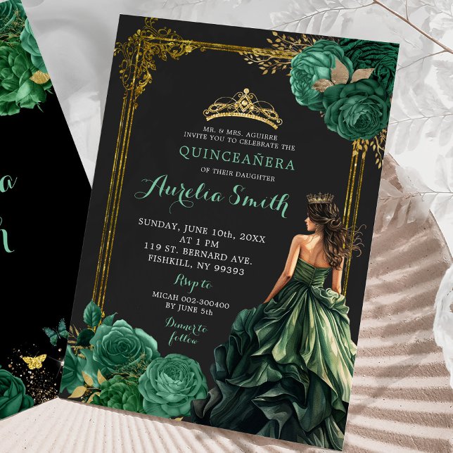 Invitation Emerald Green Dark arrière - plan Royal Quinceañer (Créateur téléchargé)