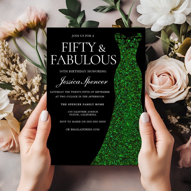 Invitation Emerald Green Dress Fifty Fab Black 50th Birthday (Créateur téléchargé)
