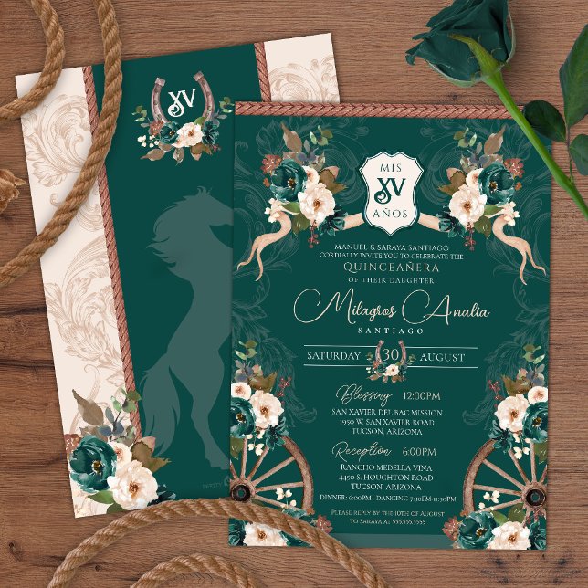 Invitation Emerald Green Elegant Baroque Charra Quinceañera (Créateur téléchargé)