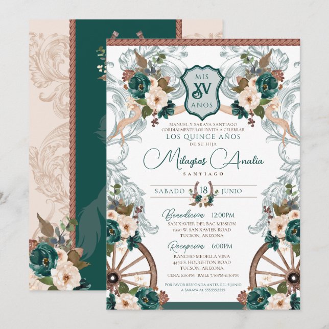 Invitation Emerald Green Elegant Charro Quinceanera Ouest (Devant / Derrière)
