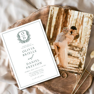 Invitation Emerald Green Elegant Crest Monogram Mariage