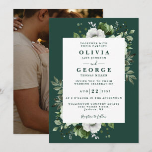 Invitation Emerald Green Elegant Floral Photo Mariage
